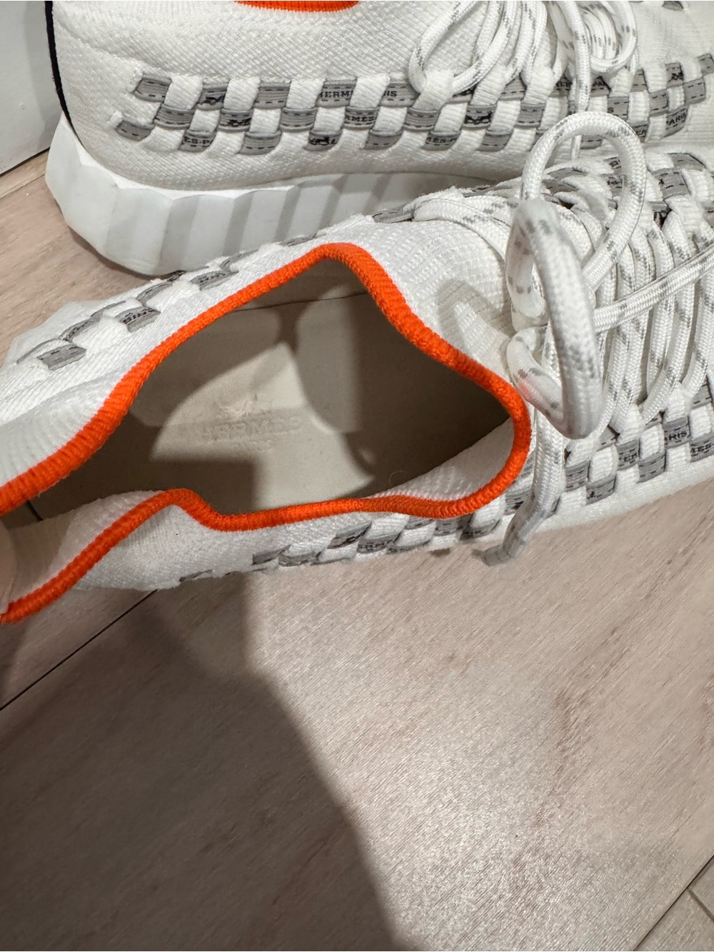 Hermes Cream Knit Sneakers with Orange Trim - Picture 7 of 9